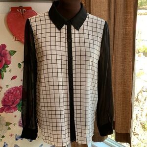 Forever 21, black/white checkered collared long sleeve sheer  retro top. Size S